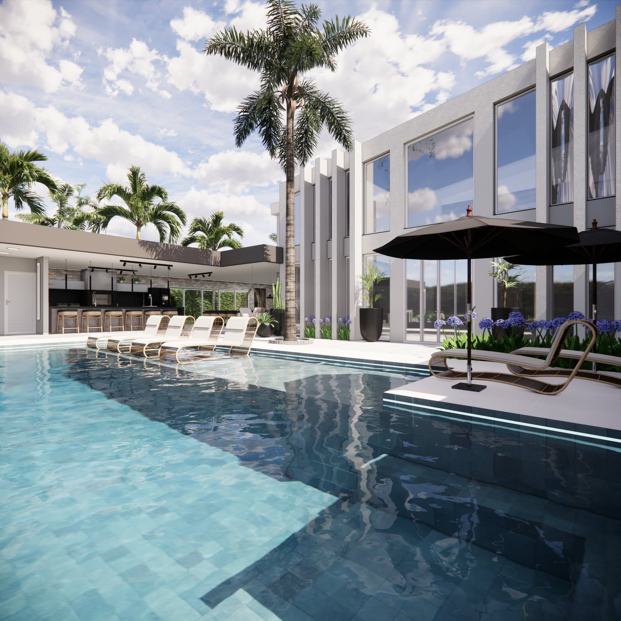 Casa Riviera: piscina com espreguiçadeiras, palmeiras e área gourmet integrada
